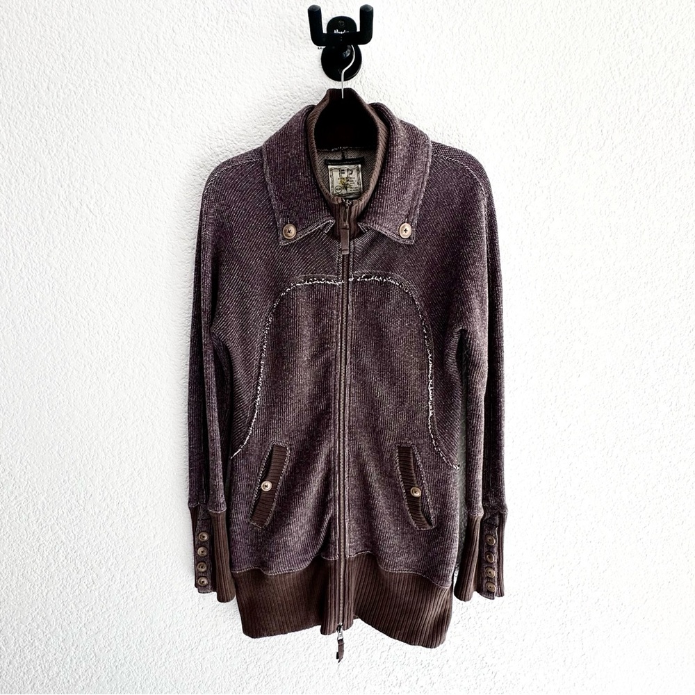 Free People Brown Zip Up Sweater with Folded Collar